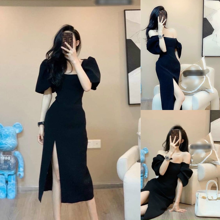 Đầm đen dự tiệc dáng dài,đầm váy xòe thiết kế tay bồng cổ vuông cao cấp chất liệu cát nhật mềm mịn full 2 lớp Minh phúc