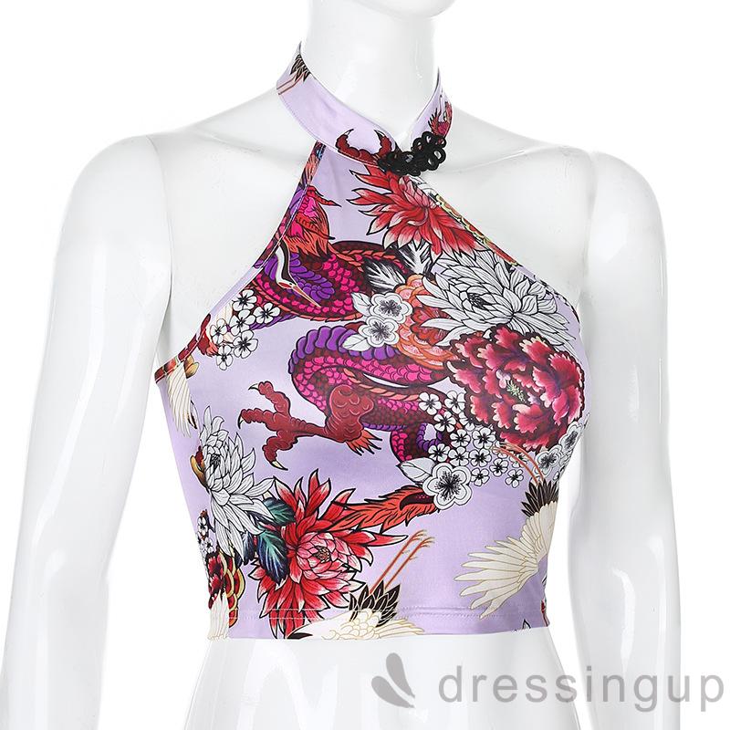 Áo croptop co giãn phong cách retro Trung Hoa gợi cảm cho nữ