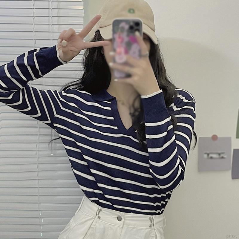 Áo len tay dài dáng rộng họa tiết kẻ sọc phong cách retro Hàn Quốc cho nữ