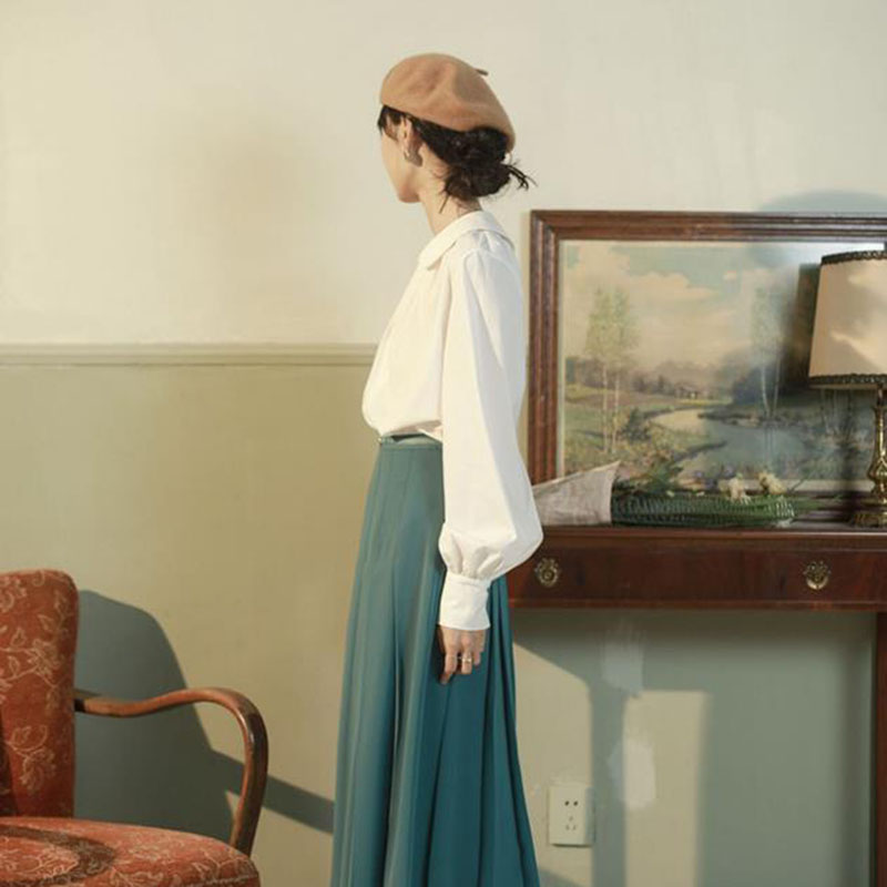 IELGY Áo kiểu tay dài cổ bèo thanh lịch thời trang dành cho nữ