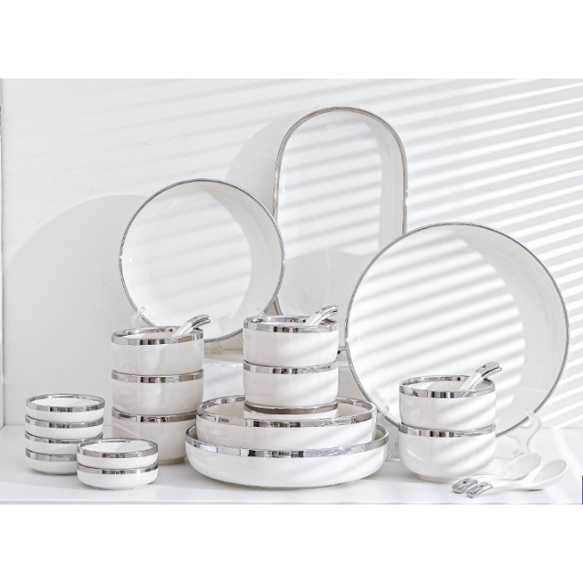 bộ bát đĩa 26 món bạch kim cho 6 người ăn. set bát đĩa 26 món tráng bạc cao cấp. bộ chén dĩa cho 6 người ăn