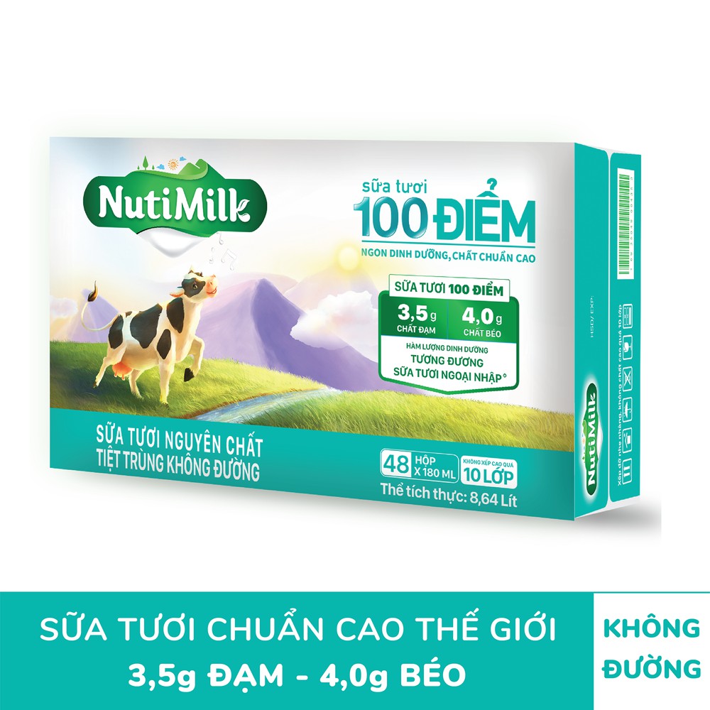 [BÉ KHỎE BÉ ĐẸP] 1 Thùng/48 Hộp NUTIMILK Sữa Tươi Tiệt Trùng 100 Điểm 180mL Không đường/ ít đường/ Có đường/ Đường Đen