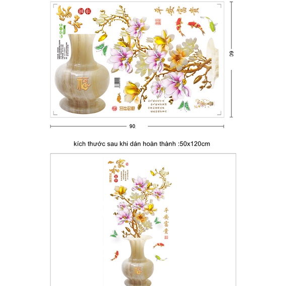 Decal giấy dán tường - mẫu Bình hoa Mai đá màu Tím vàng quý phái