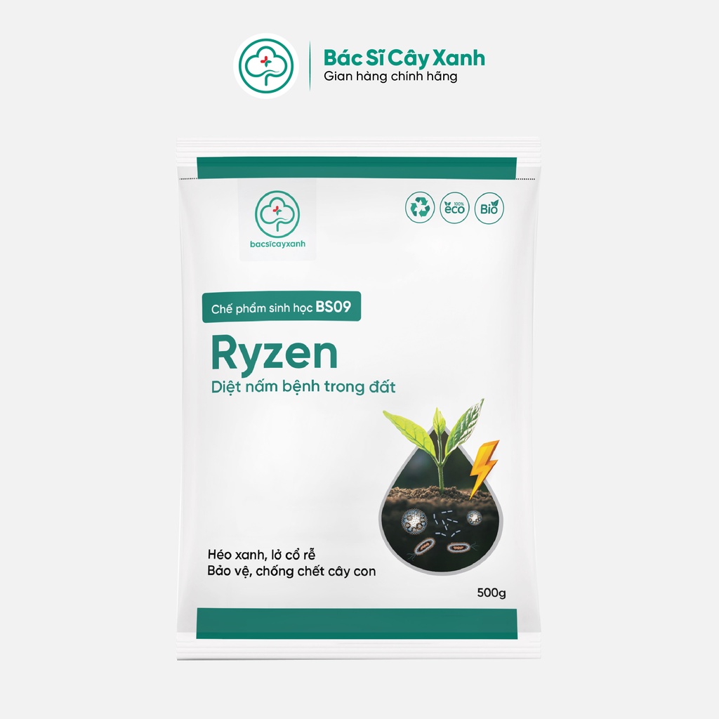 Chế phẩm phòng trừ nấm bệnh trong đất, giúp cây ra rễ, xanh lá, mập thân BS09 Ryzen 500g NSX Bacsicayxanh