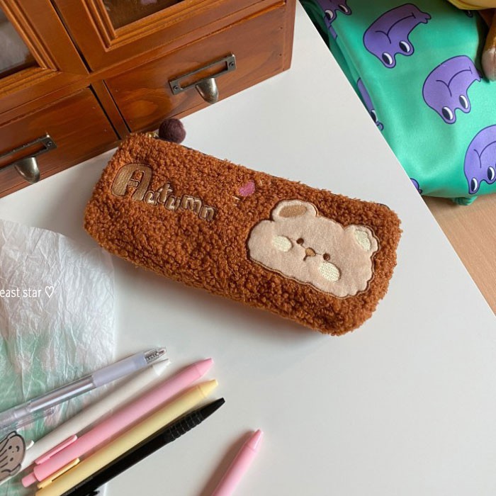 Túi Đựng Bút Thêu Hình Gấu Hoạt Hình Phối Khóa Kéo Xinh Xắn