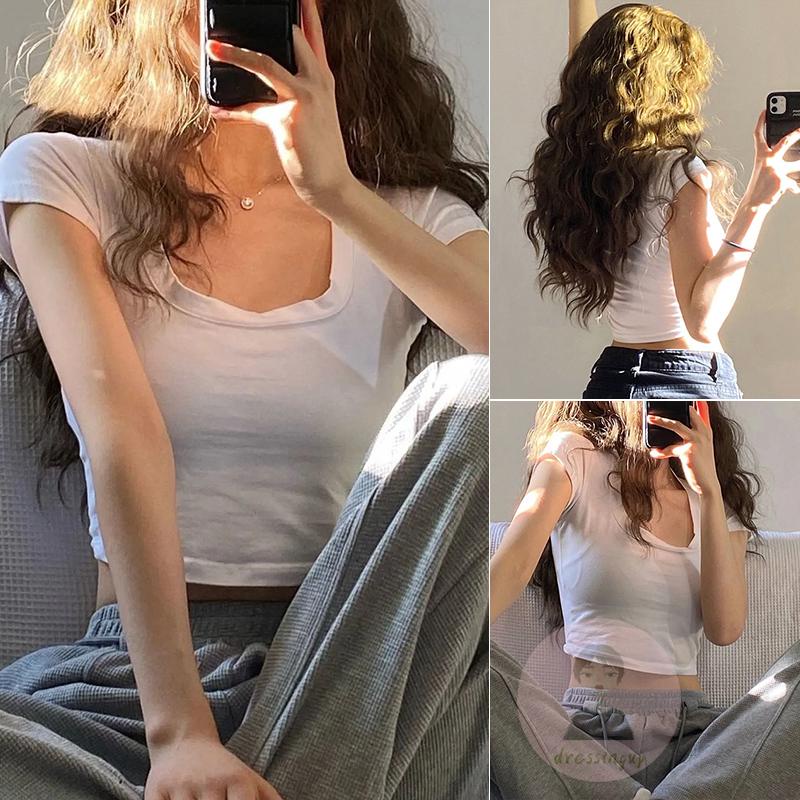 Áo Thun Tay Ngắn Cổ Chữ U Màu Sắc Trơn Thời Trang Mùa Hè Dành Cho Nữ