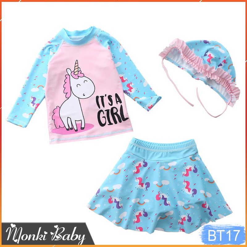 Bộ bơi bé gái áo thun dài tay chống nắng cùng quần váy điệu đà, kèm mũ xinh xắn, họa tiết dễ thương, sắc nét | BT17 !