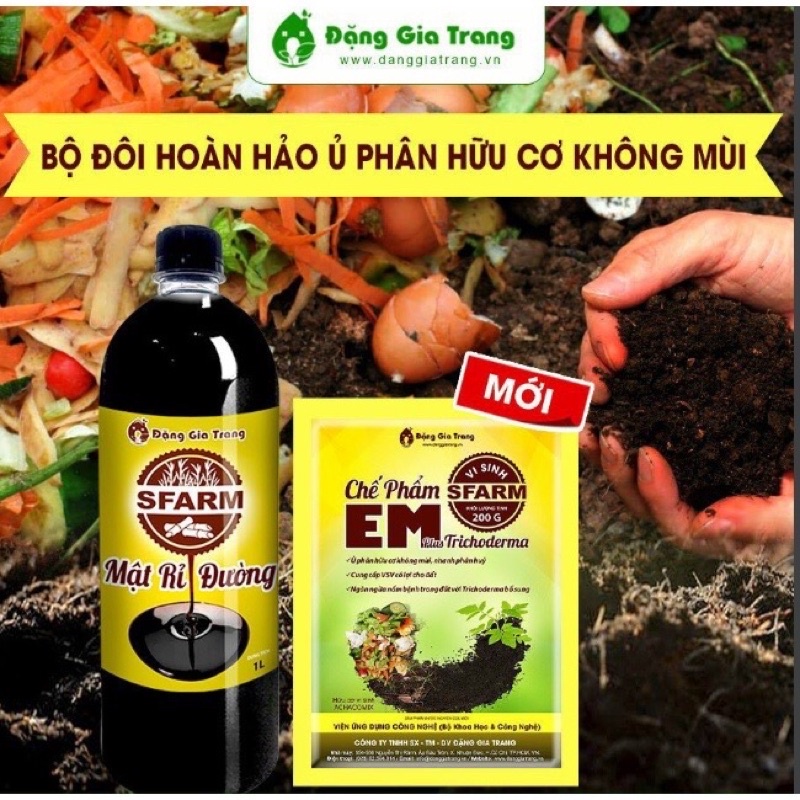 COMBO 1 TÚI CHẾ PHẨM EM SFARM 200GR VÀ 1 CHAI MẬT RỈ ĐƯỜNG SFARM 1 LÍT - Bộ đôi hoàn hảo ủ phân hữu cơ không mùi