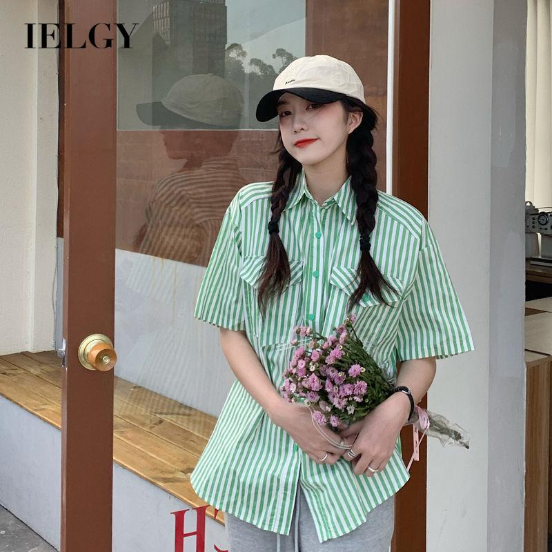 Áo sơ mi IELGY tay ngắn họa tiết kẻ sọc phong cách retro thời trang cho nữ