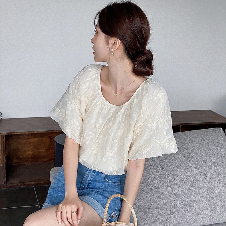 Áo Ren Cổ Tròn Thêu Họa Tiết Xinh Xắn Theo Phong Cách Retro Pháp 52852