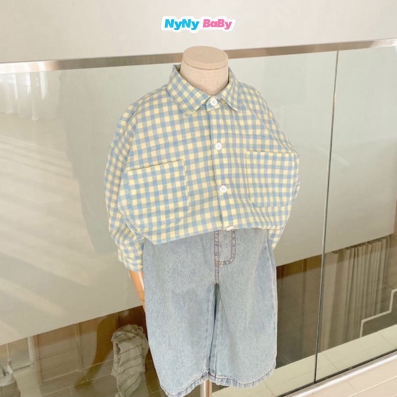 Áo Sơ Mi Form Rộng Cho Bé Trai Bé Gái Dáng Thụng Vải Cotton Thô Mềm Họa Tiết Kẻ Caro Nyny Baby  Từ 1-7 Tuổi