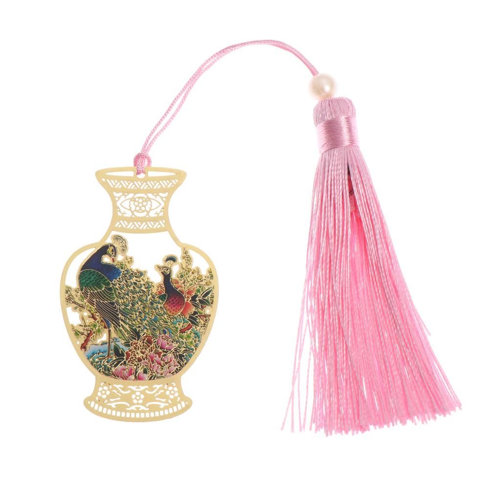 Kẹp đánh dấu trang sách hình bình hoa bằng đồng thau phối tua rua phong cách Trung Hoa cổ điển