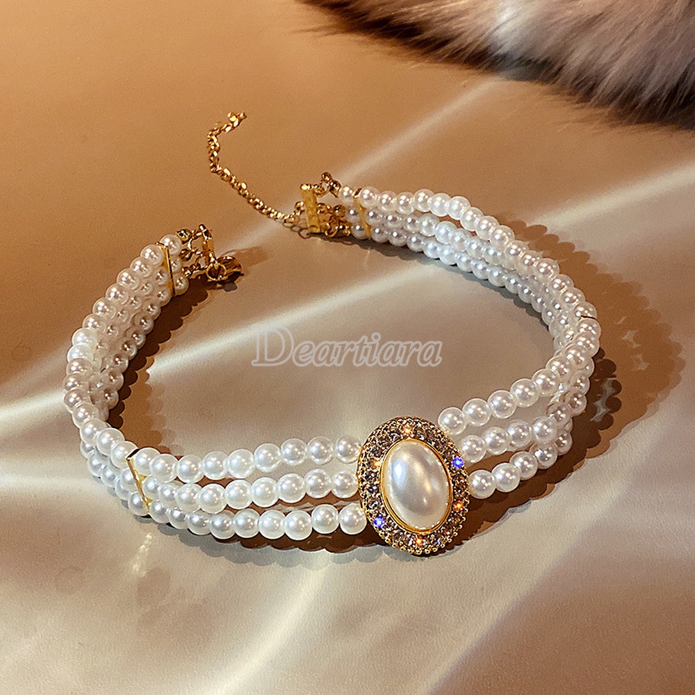 Vòng cổ Nhiều Lớp Đính Ngọc Trai Phong Cách Cổ Điển