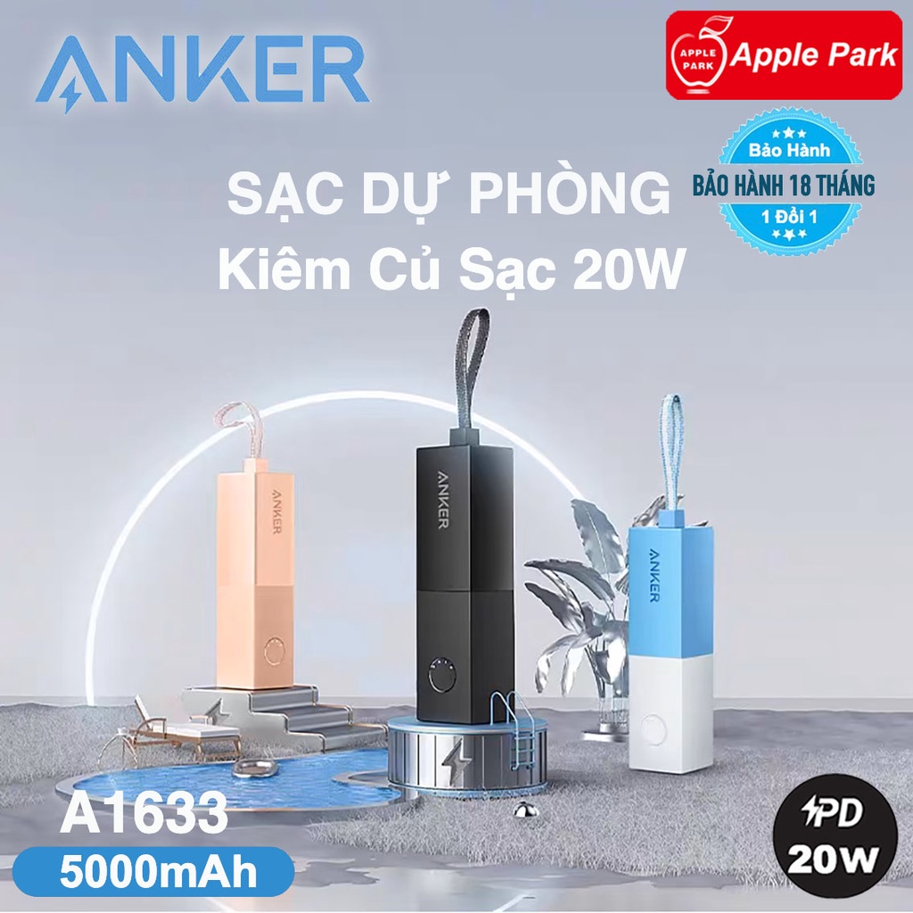 Củ Sạc Anker A1633 Kiêm Pin Dự Phòng Thỏi Son 5000mAh, 1 Cổng Type C Sạc Nhanh PD 20W,Cho 13 Pro Max 12 Pro 11 Xs 8P vv…