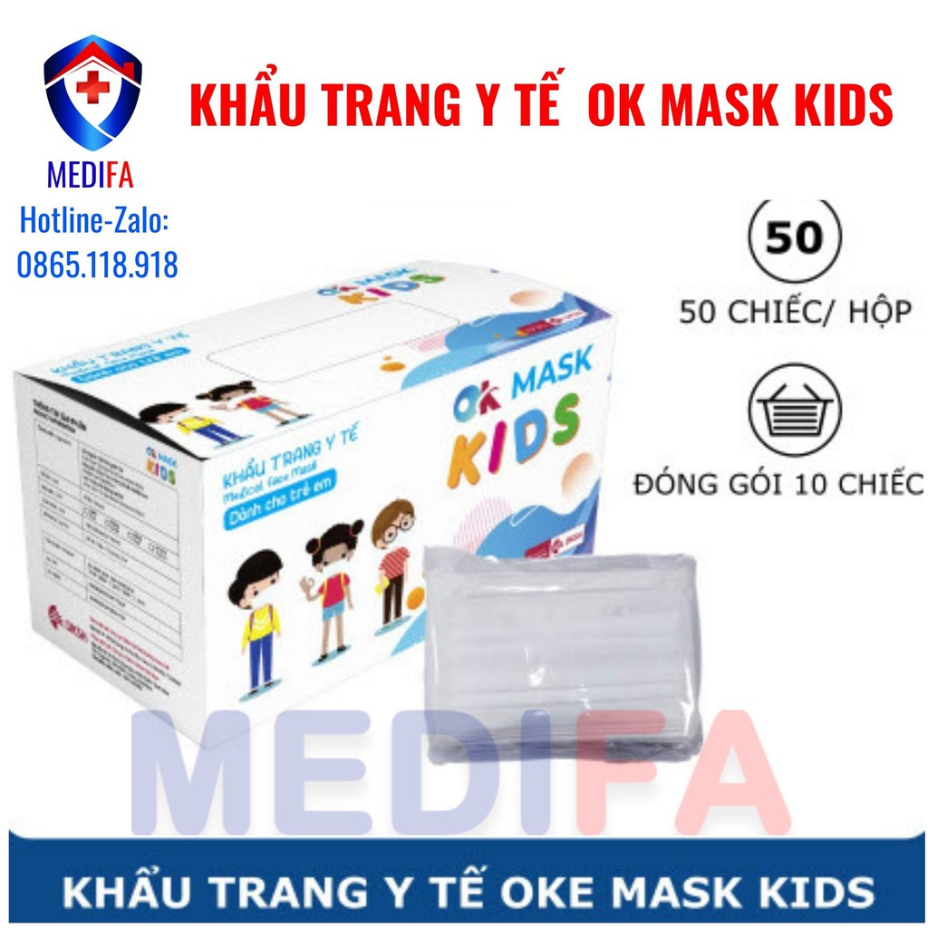 Hộp Khẩu Trang Y Tế Cao Cấp Kháng Khuẩn Ok Mask Màu Trắng Dành Cho Bé, Chất Liệu Mềm Mại, Không Gây Kích Ứng