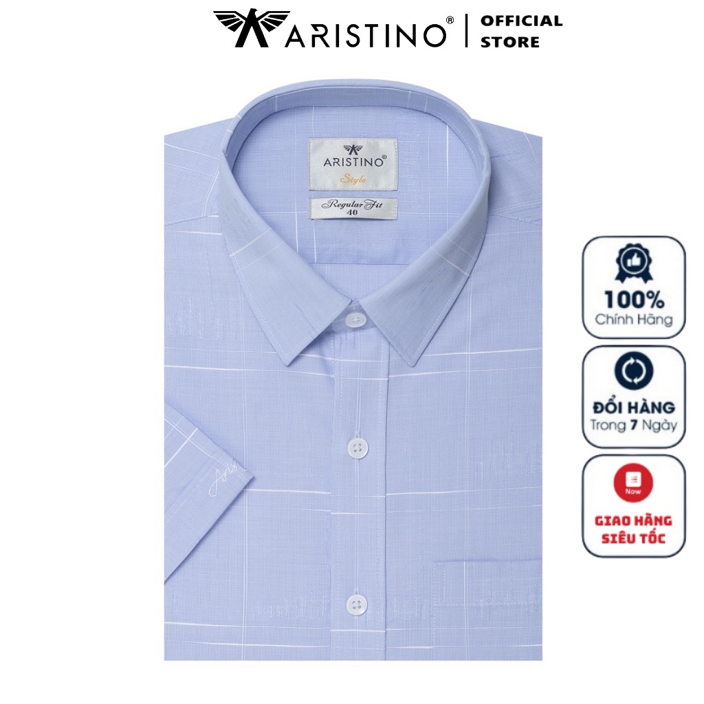Áo Sơ Mi Nam Ngắn Tay ARISTINO ASS160S1 Somi Công Sở Cao Cấp Màu Xanh Dệt Jaquard Vải Sợi Sồi Mềm Mát Dáng Suông Có Túi