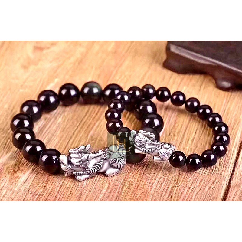 Vòng Tay Đá Núi Lửa Obsidian Đen Xám Cao Cấp 12mm mix tỳ hưu bạc thái