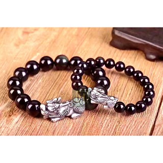 Vòng Tay Đá Núi Lửa Obsidian Đen Xám Cao Cấp 12mm mix tỳ hưu bạc thái