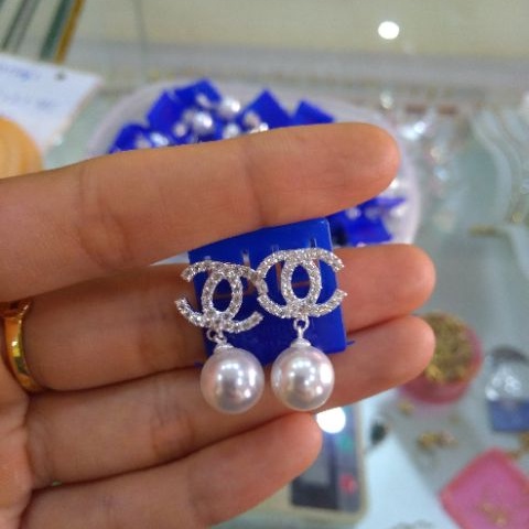 Bông tai bạc Van Jewelry V10604 Bông chữ X mix ngọc nhân tạo bạc ta