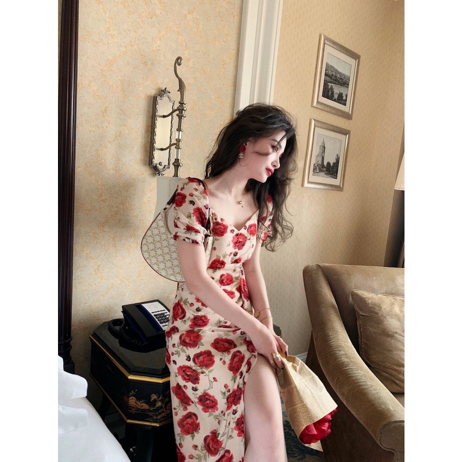 Đầm Ôm Eo Xẻ Tà In Họa Tiết Hoa Hồng Lãng Mạn Mùa Hè Mới 2021