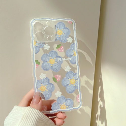 Ốp Điện Thoại Trong Suốt Thiết Kế Gợn Sóng In Hoa/ Dâu Tây Xanh Dương Cho iphone 13 12 11 pro max x xr xs max7 8 plus