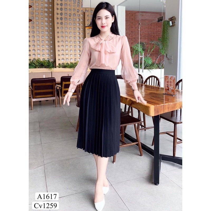 Chân váy xếp ly dài, Chân váy midi công sở dài qua gối Freesize 60kg