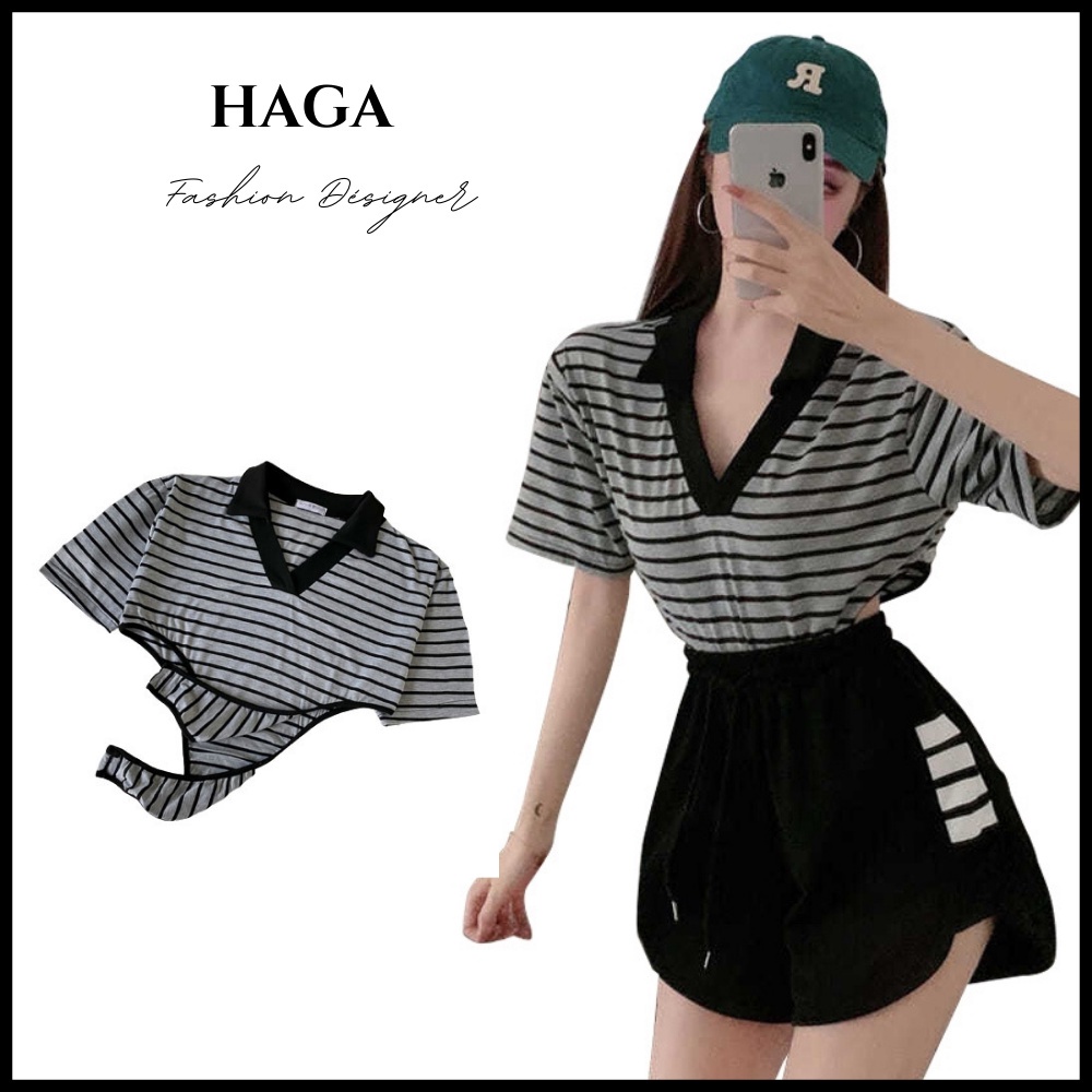 ☽☃ Áo Croptop liền thân bodysuit kẻ cộc tay cổ V cá tính ALT18