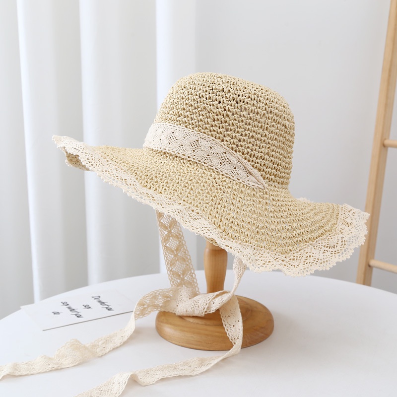 Mũ cói mềm vành viền ren rộng 12Cm phối quai ren cách điệu phù hợp đi du lịch