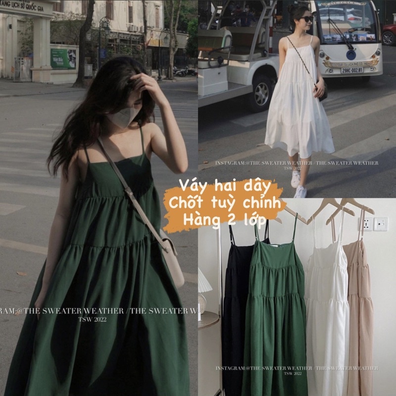 Váy hai dây voan bồng bềnh dây điều chỉnh, đầm 2 dây đi biển, du lịch