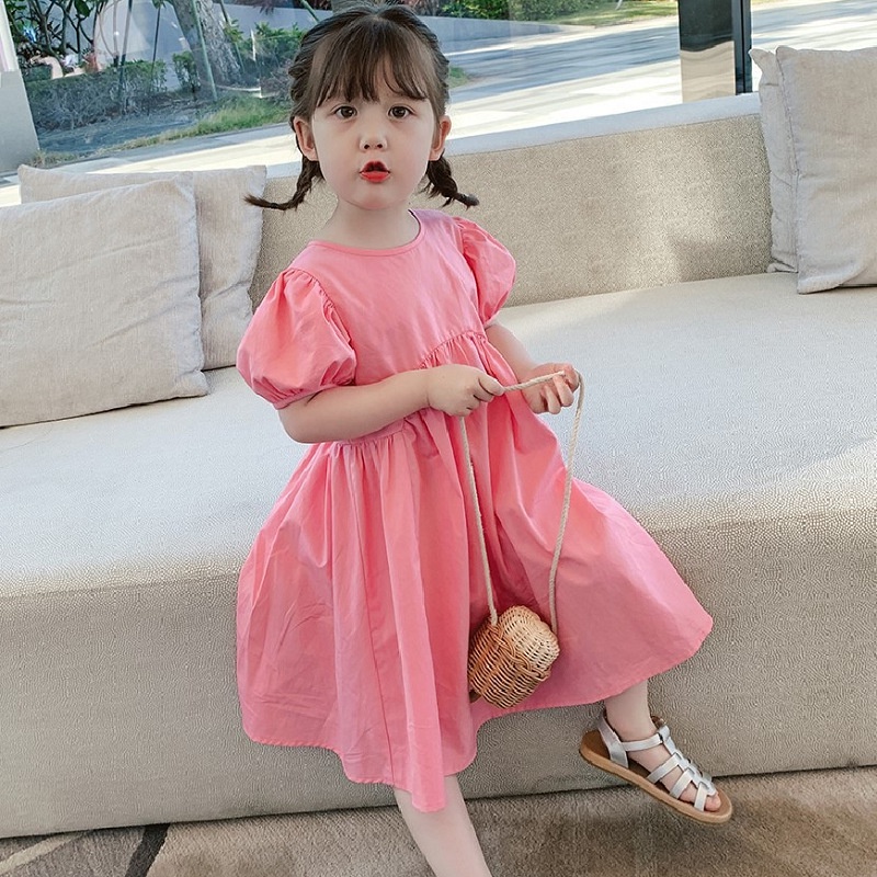 Đầm Công Chúa Mùa Hè Tay Phồng Cổ Tròn Bằng Vải Cotton Thời Trang Hàn Quốc Cho Bé Gái