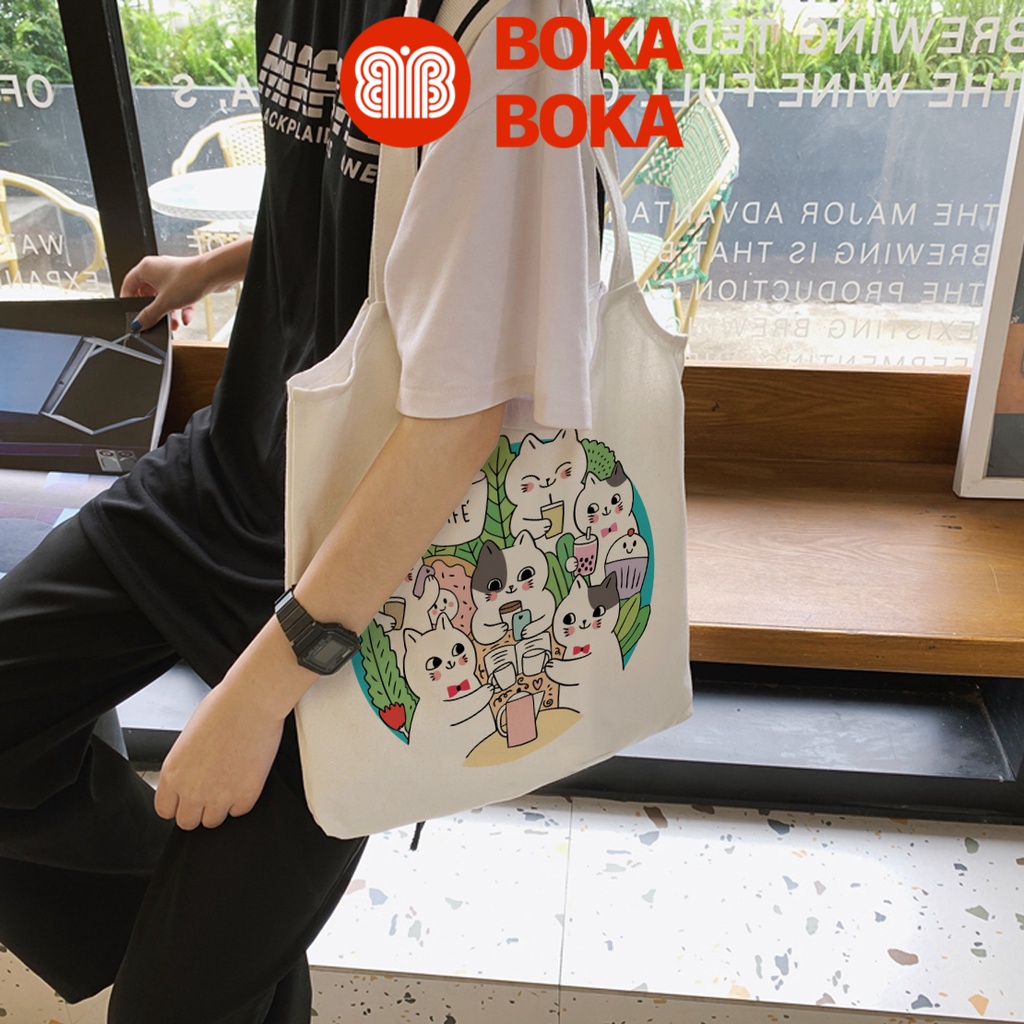 Túi Tote Vải Canvas Quai Tròn In Hình Những Người Bạn Mèo Cat Friends Có Khóa