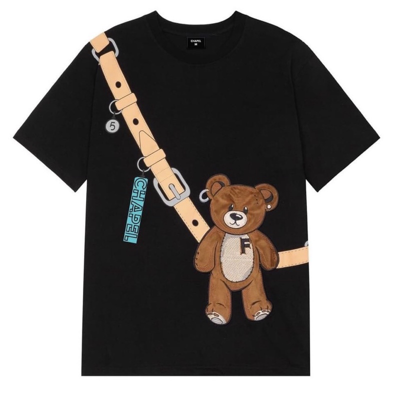 Áo cotton tay lỡ dáng rộng unisex túi gấu đeo chéo