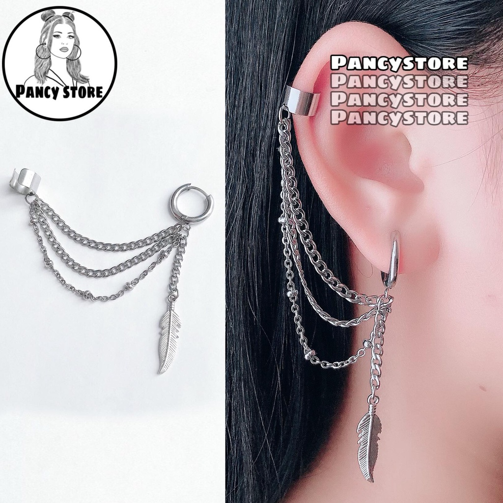 khuyên tai và kẹp vành tai chiếc lá phối vòng xích titan không gỉ Unisex