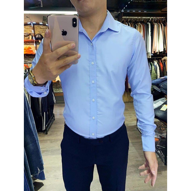 [SALE CỰC SỐC] Áo sơ mi xanh hàng cotton lụa trơn không nhăn mềm mịn mát