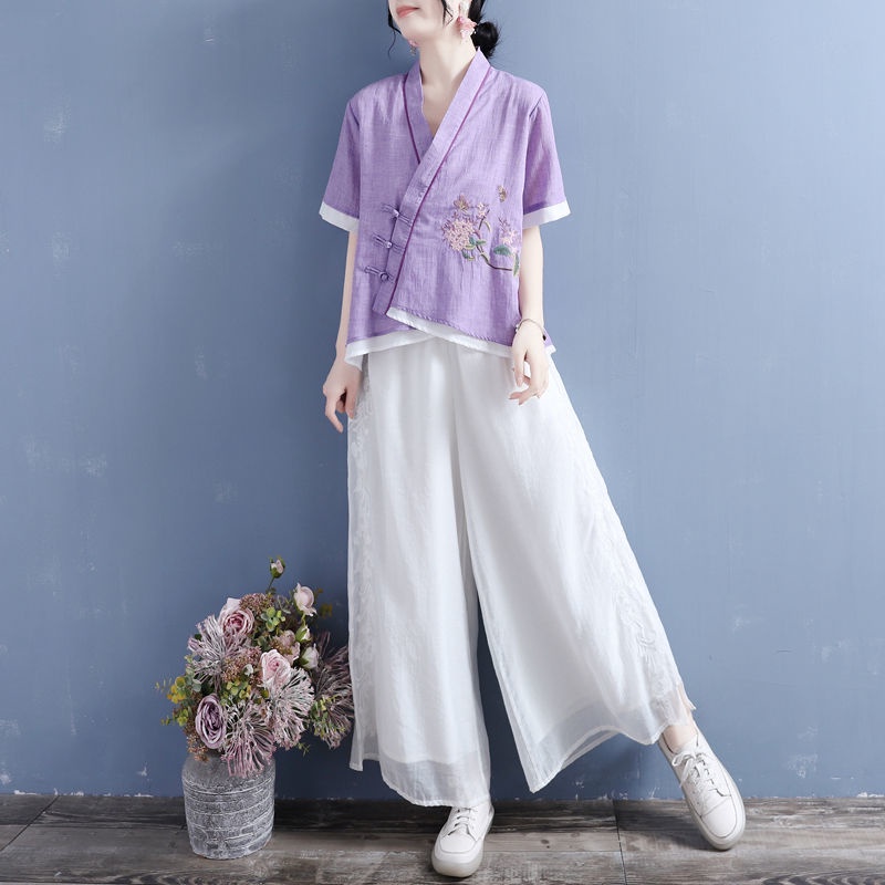 Áo Thun Cotton Lanh Tay Ngắn Cổ Chữ V Thêu Hình Hoa Bướm Màu Tím Thời Trang Mùa Hè 2022