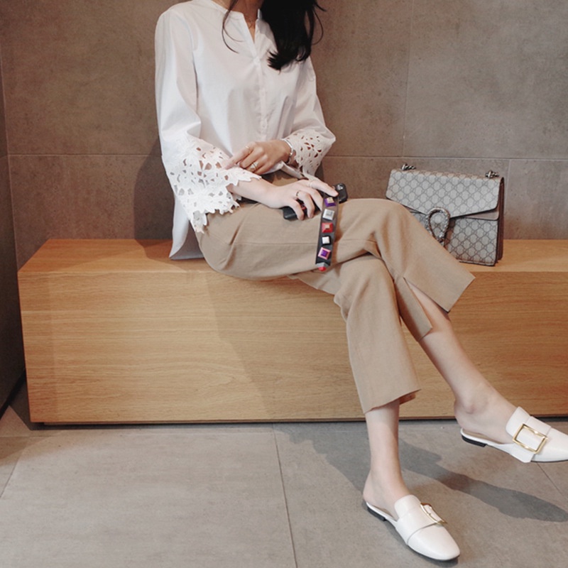 Quần Lanh Cotton Ống Rộng Lưng Cao Xẻ Tà Thời Trang Cho Nữ