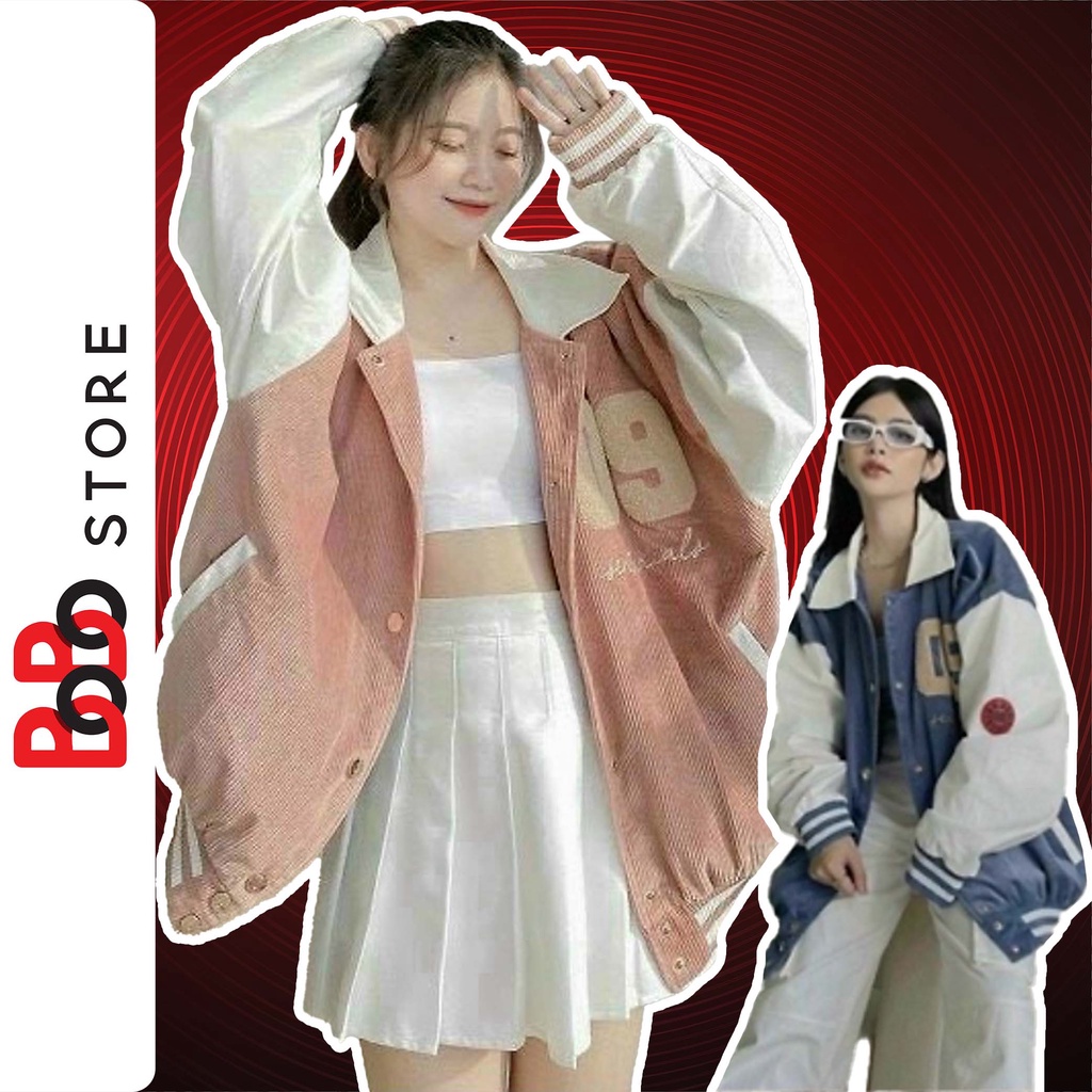 Áo khoác bomber chất nhung tăm thêu số 09 form rộng 2 lớp dành cho nam nữ - BoBo Store