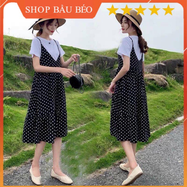 Váy bầu yếm chấm bi dành cho bà bầu hàng đẹp thiết kế - Set bao gồm váy chấm bi và áo