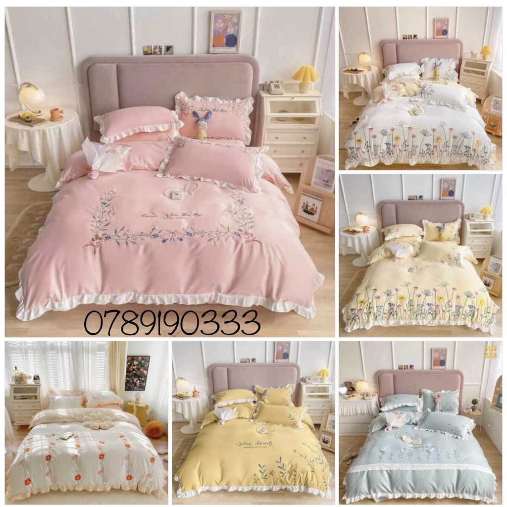 Bộ chăn ga gối cotton đũi bèo_Nhập Khẩu_Chăn ga gối sét 4 món viền bèo chất liệu mềm thoáng mát hoa thêu nổi sang trọng-