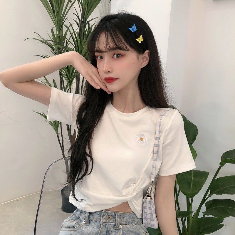 ❀Áo thun ngắn tay crop top Hanfan của phụ nữ Mùa hè 2021 cô gái mới sinh viên lưới màu đỏ hoa cúc nhỏ từ bi