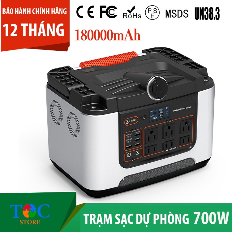 Trạm sạc dự phòng khẩn cấp không dây 700W T700 Dung lượng siêu khủng 180000mAh, 6 cổng 220V chính hãng