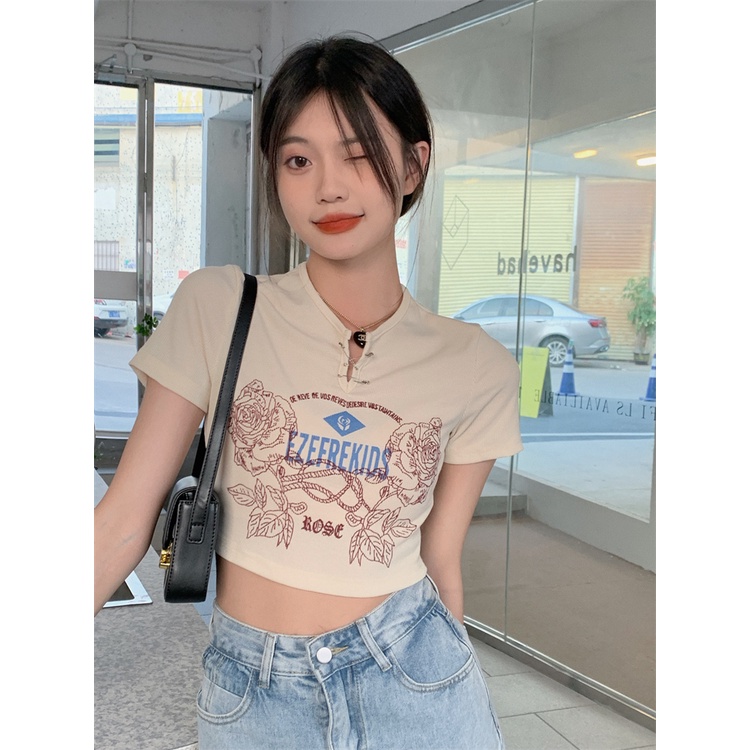 QKOOLE Áo thun nữ  ngắn tay in họa tiết phong cách Hàn Quốc
