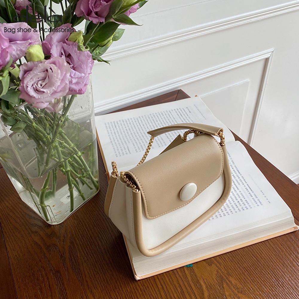 Dela Túi Đeo Vai Xách Tay Cỡ Nhỏ Phối Dây Xích Màu Sắc Tương Phản Kiểu retro Thời Trang Cho Nữ