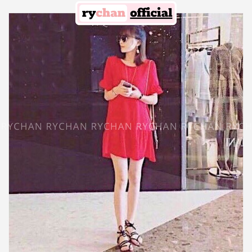 Đầm Nữ Tay Bèo Đuôi Cá Sau Thắt Nơ Màu Đỏ Form Rộng Rãi - DX9745
