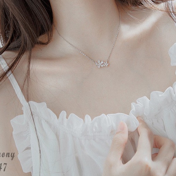 Vòng cổ, dây chuyền nữ bạc mạ vàng Flowers mặt hoa đính đá xinh xắn, sang chảnh VC47| TRANG SỨC BẠC HARMONY