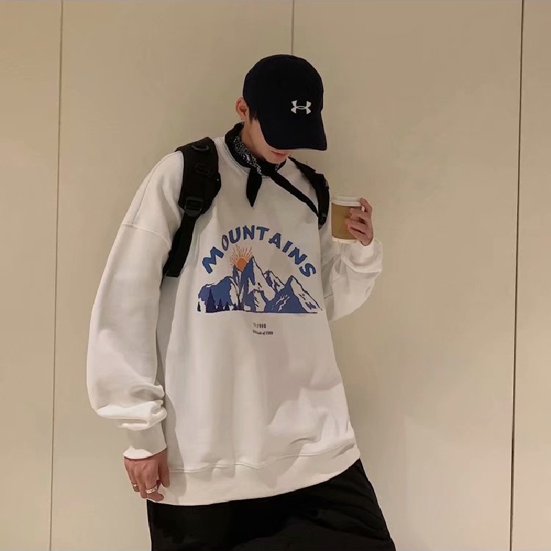 Áo sweater tay dài cổ tròn dáng rộng in họa tiết hoạt hình phong cách đường phố năng động Hàn Quốc cho nam