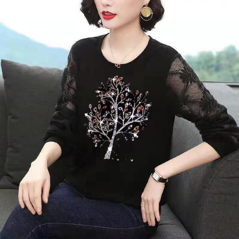 Áo thun tay dài phối ren thời trang xuân thu cho phụ nữ trung niên