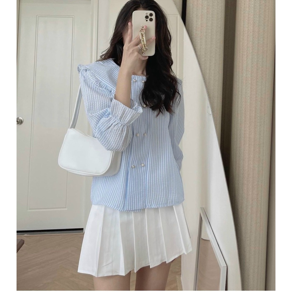 Áo sơ mi kẻ cổ bèo hàng loại 1 phong cách tiểu thư dành cho nữ | BigBuy360 - bigbuy360.vn