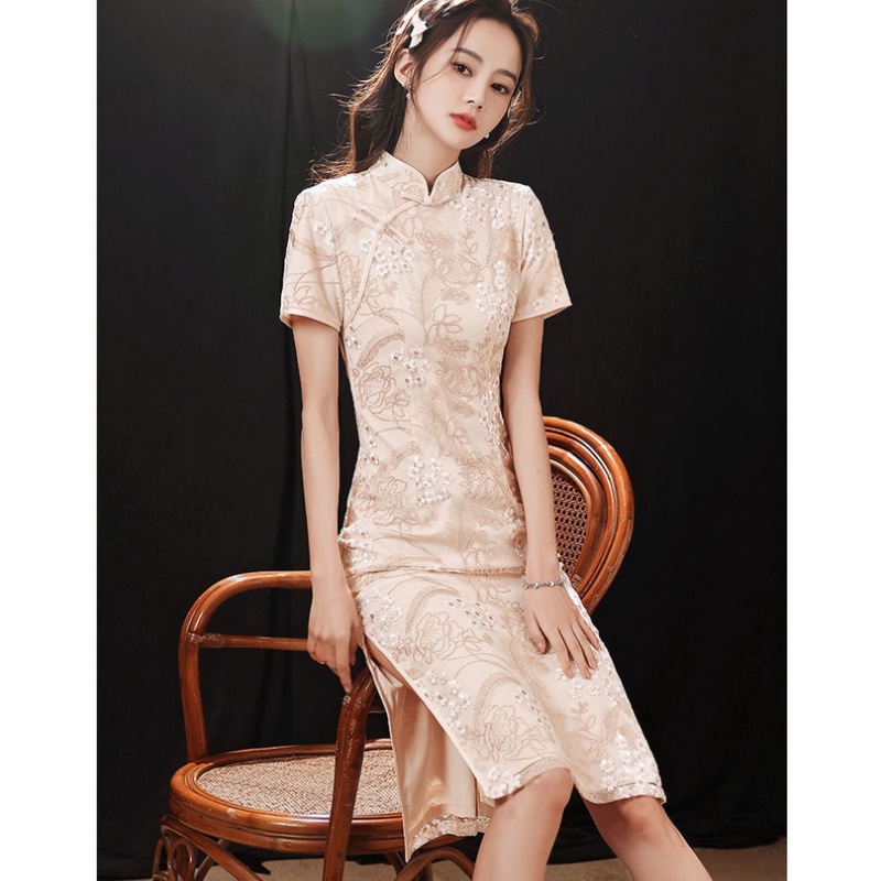 Đầm Sườn Xám Cách Tân Tay Ngắn Dáng Ôm Vải Mềm Thêu Ren Kiểu Vintage Thời Trang 2023 Cho Bạn Gái Size S-3XL