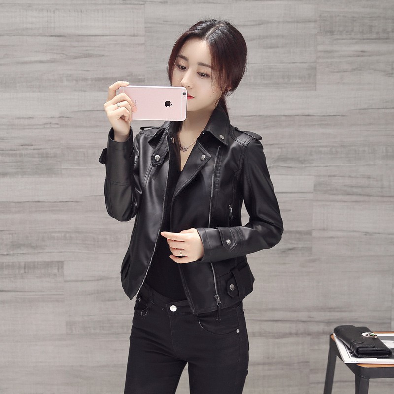 Áo khoác da PU dài tay cổ bẻ trẻ trung cá tính cho nữ